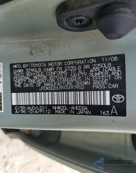 2009 Toyota Prius from USA, damaged, VIN JTDKB20U993497952